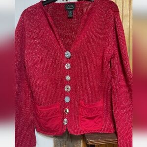 Pure Hand Knit Sweater Detail Jewel Buttons 2 Pockets Cardigan Dark Red Metallic
